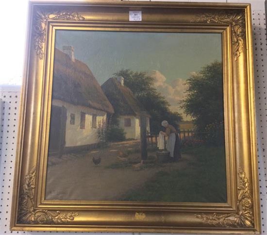 Follower of Alfred Valdemar Larsen (Danish 1860-1946), oil on canvas, Cottages in landscape with figure & chickens, signed